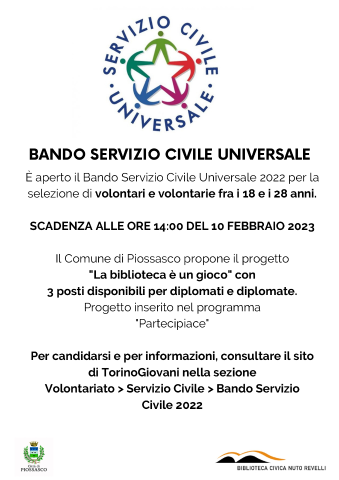 BANDO SERVIZIO CIVILE UNIVERSALE - Scadenza alle ore 14:00 del 10 febbraio 2023